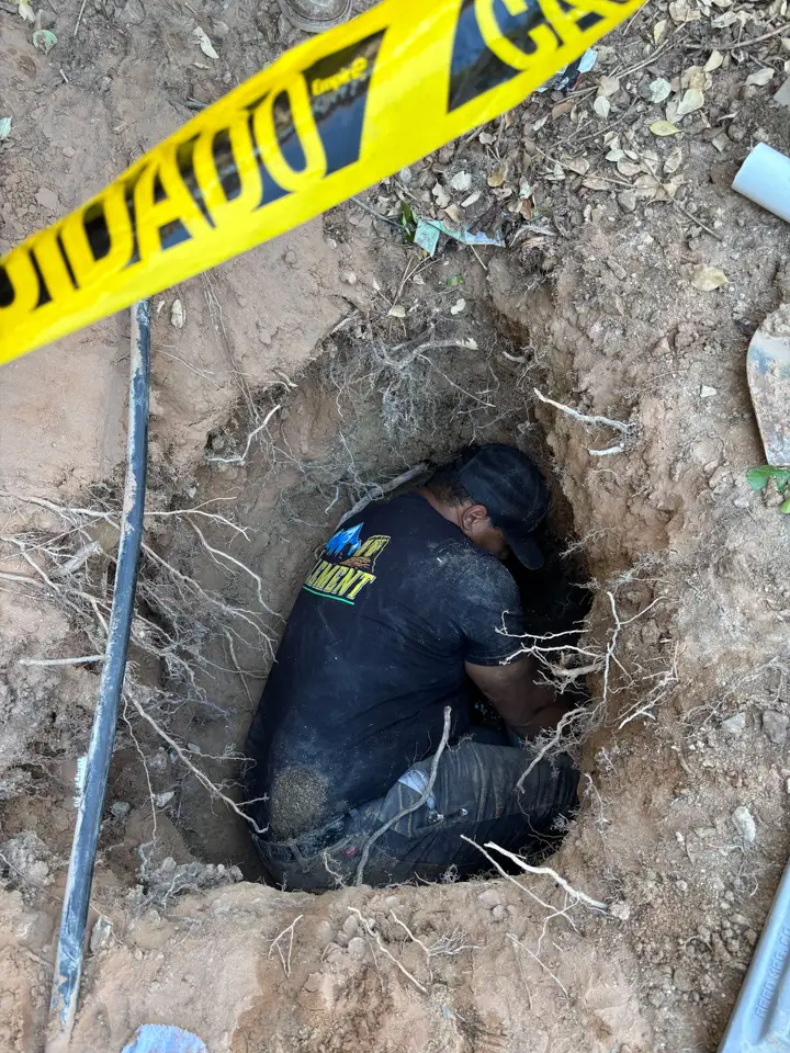 Element plumber in an excavation reaching a buried line among tree roots