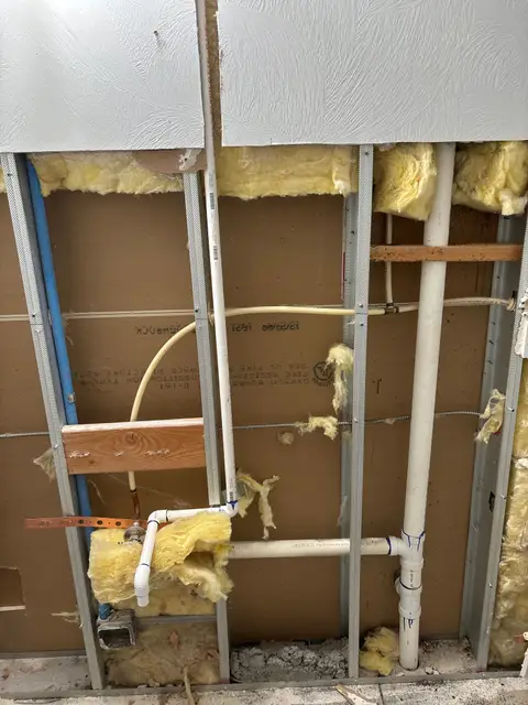 Wall opened to reach the water and drain lines behind it for a repair