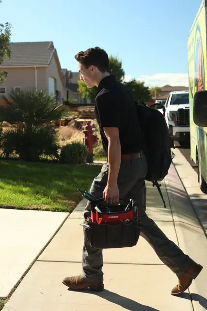 Element plumber arriving for a residential service call
