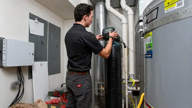 Technician programming a water softener control valve